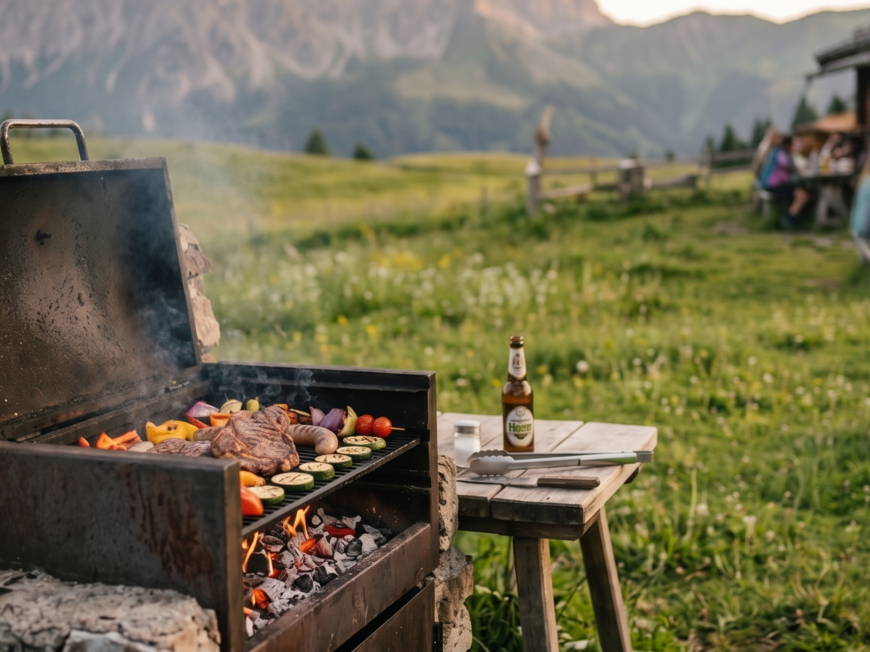 Our hiking and wellness hotel near Sterzing: Lahnerhof Grill with meat and vegetables in mountain setting, people seated in background