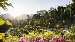 Vi piacciono le escursioni con le ciaspole a Vipiteno? Giardino del castello soleggiato con cipressi e montagne sullo sfondo